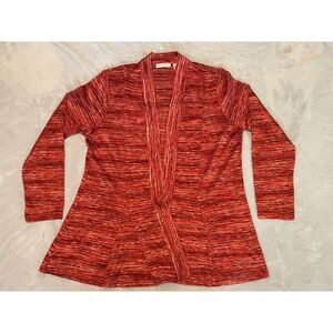 Susan Graver Women's Open Front Cardigan Wavy Stripe Red Brown Pink Tan Size L